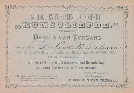 711714 ‘Bewijs van Toegang voor den Heer Const.W. Grolman voor de Feestviering ter gelegenheid van het Vijf en ...